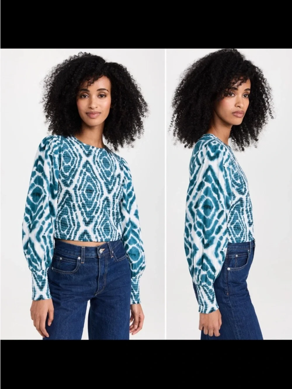 SCOTCH & SODA Smocked Long Sleeve Top Blouse US Size S Bow Back Teal Tie Dye